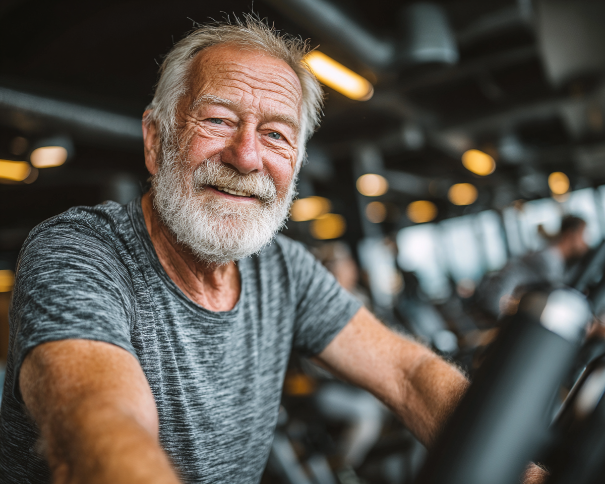 Persoană în vârstă practicând exerciții de fitness într-un mediu calm și prietenos