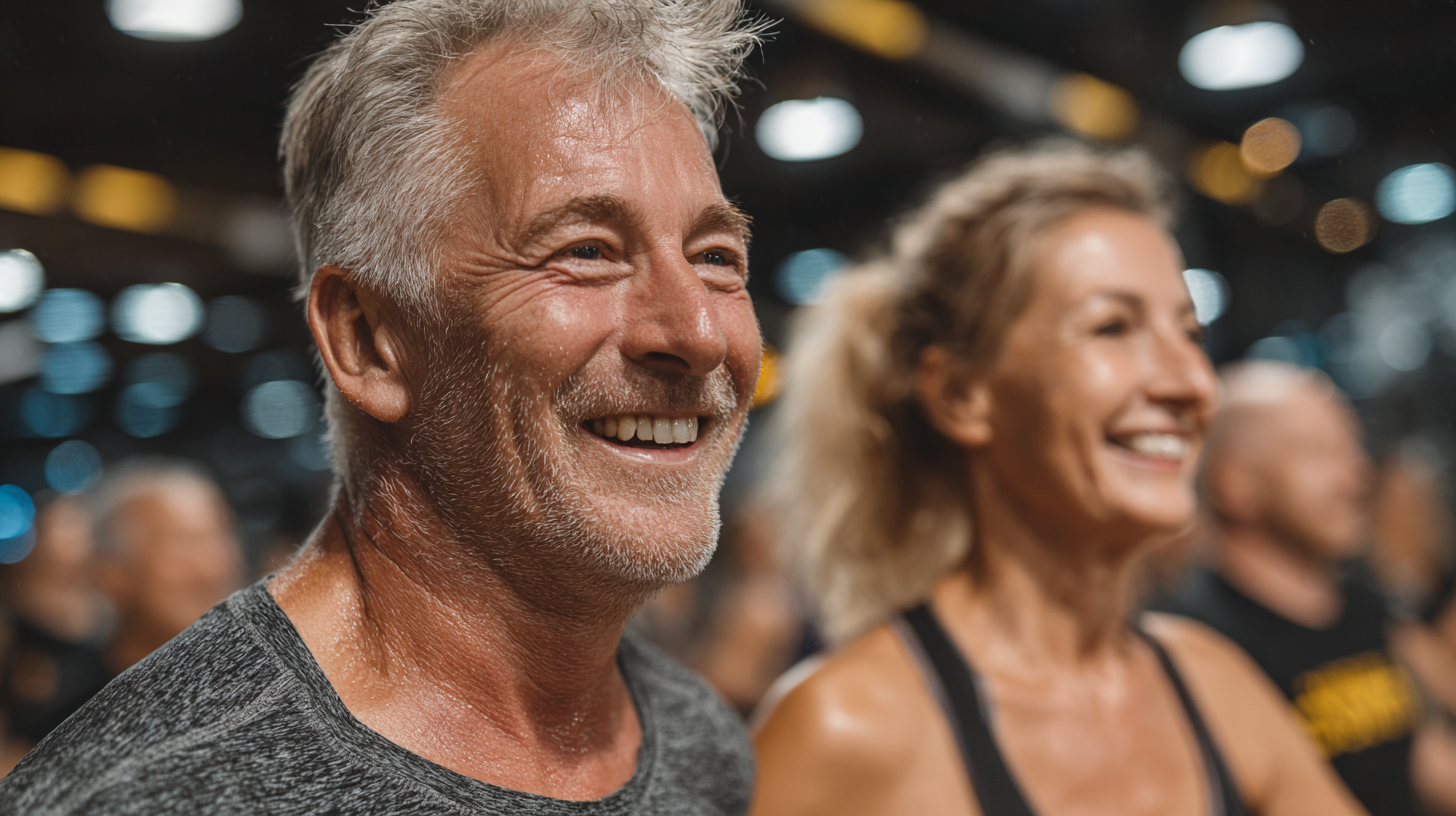 Grup de persoane mature zâmbind după o sesiune de fitness, demonstrând energia și satisfacția obținute